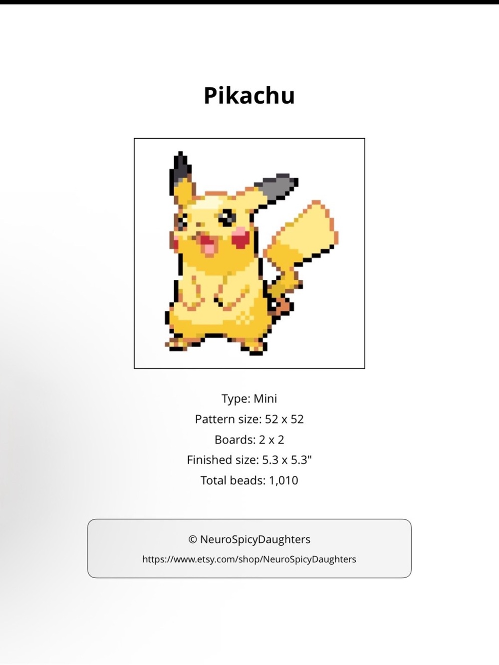 PHYSICAL COPY Pokemon Pikachu Yellow and Black Pixel Art Bead Pattern